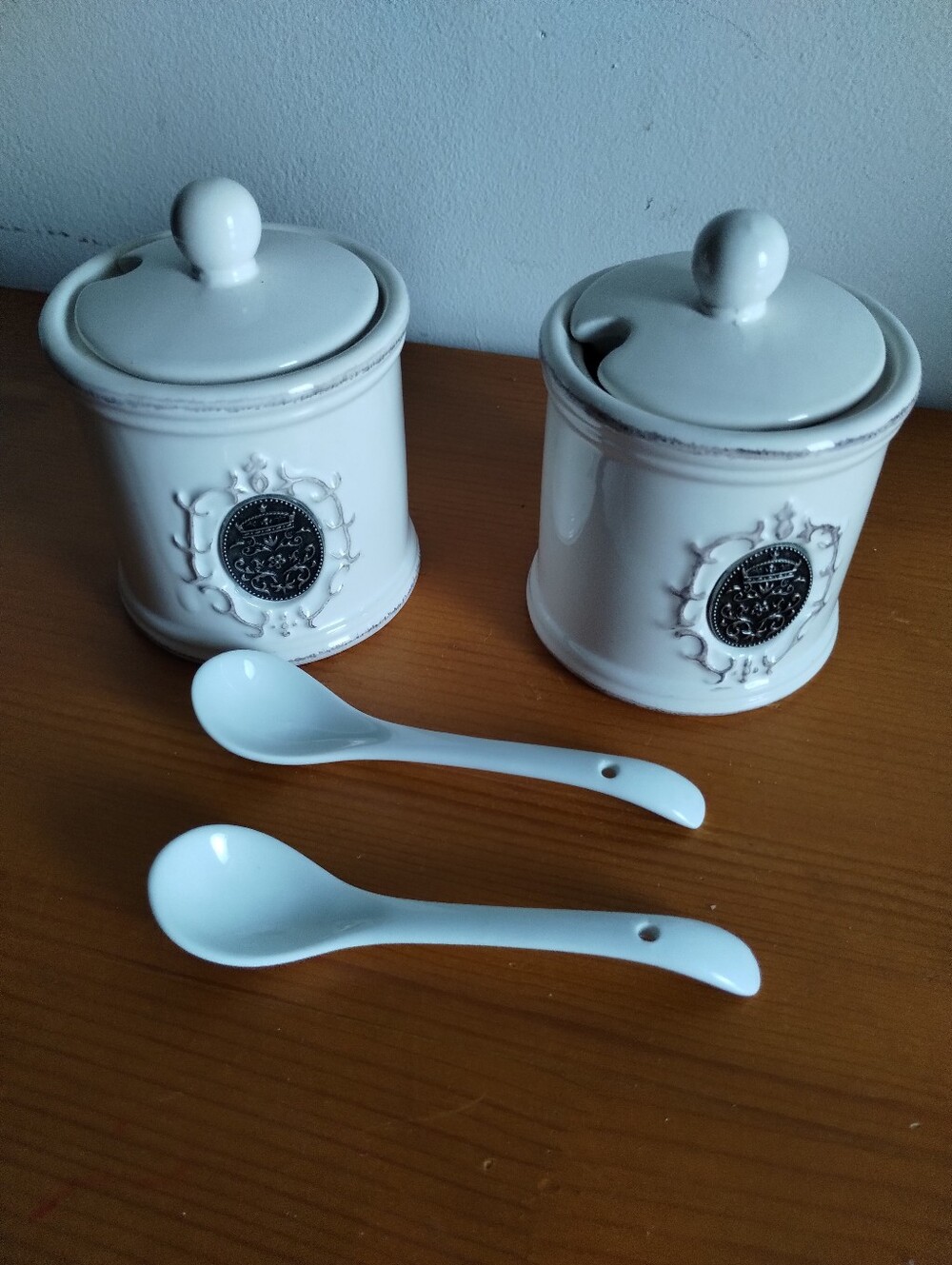 White Ceramic Sugar & Spice Jars with Matching Spoons